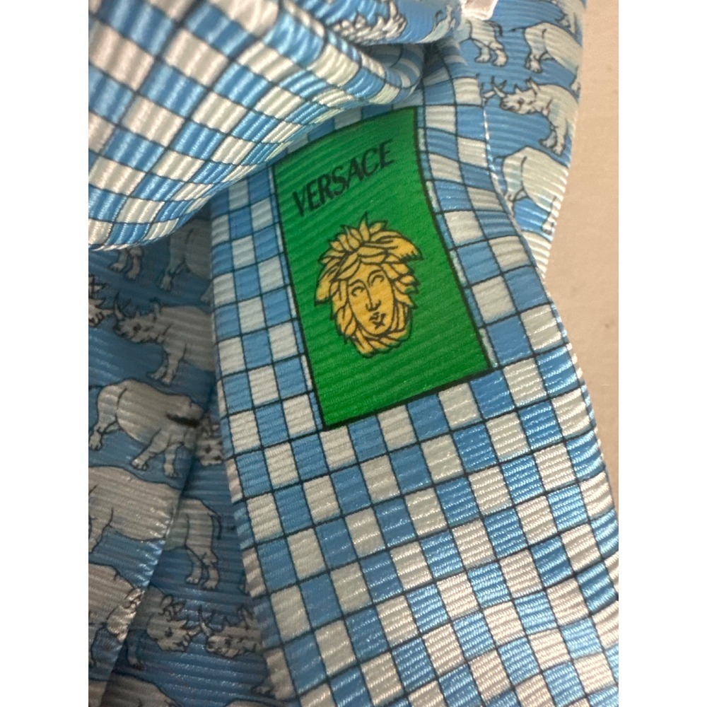 Gianni Versace Mens Silk Tie Light Blue White Rhinoceros Animal Print Italy - Picture 4 of 6